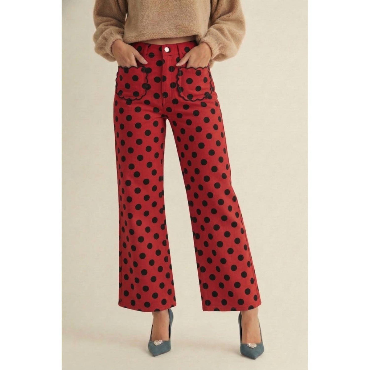 Polka Dots Stretch Mid Rise Scallop Poket Wide Leg Pants: MOCHA/OATMEAL