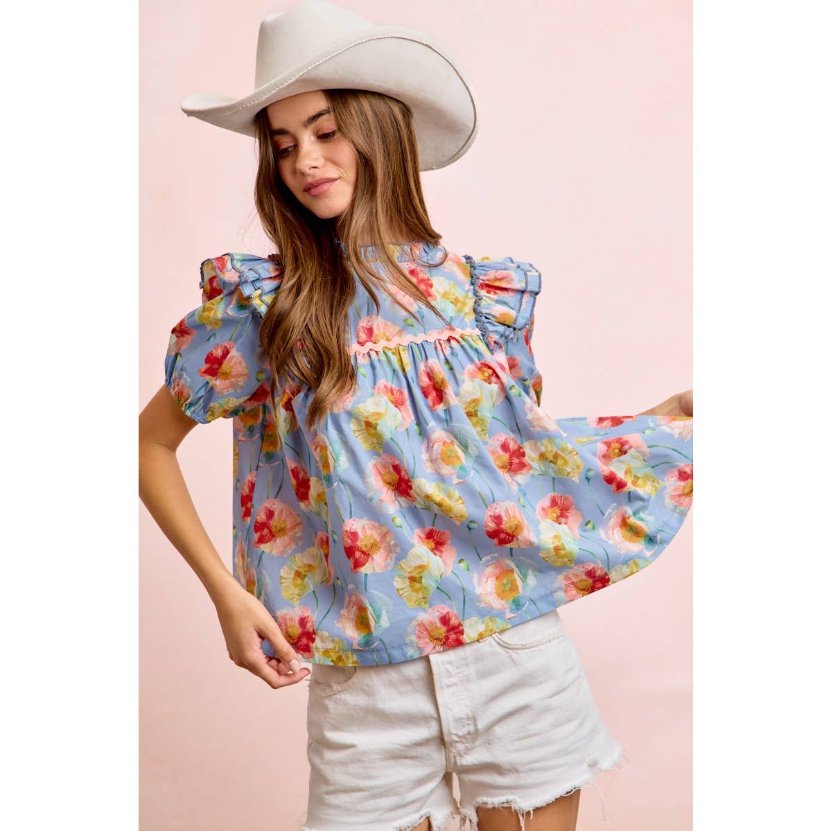FLOWER PRINT WOVEN RUFFLED DETAIL PUFF SLEEVES TOP: BLUE MULTI / XL