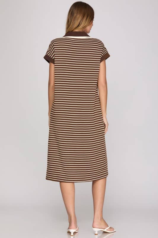 STRIPED COLLARED MIDI DRESS: OLIVE  / M