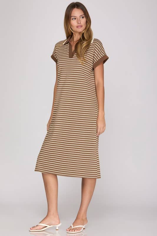STRIPED COLLARED MIDI DRESS: OLIVE  / M