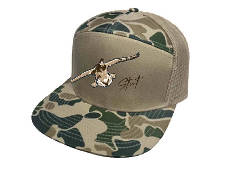 Flying In 7-Panel Snap Back Trucker Hat: Camo/Khaki/Camo