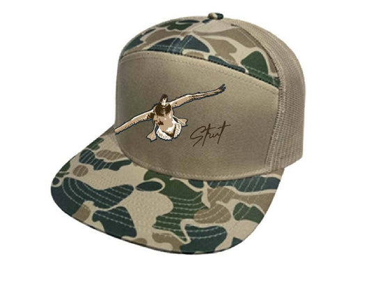 Flying In 7-Panel Snap Back Trucker Hat: Camo/Khaki/Camo