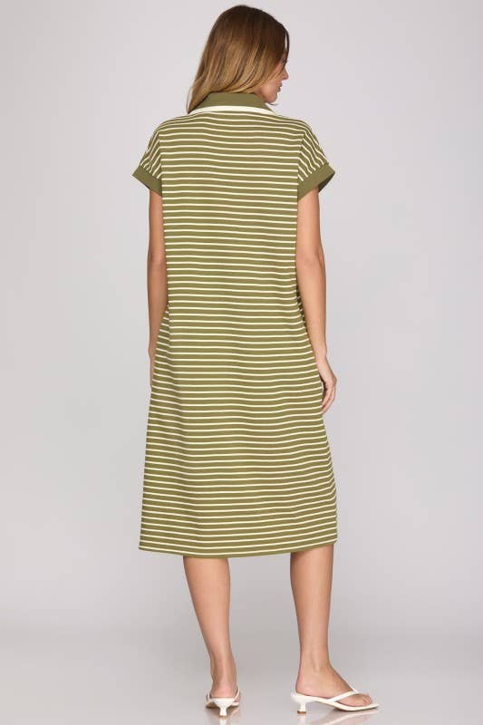 STRIPED COLLARED MIDI DRESS: OLIVE  / L
