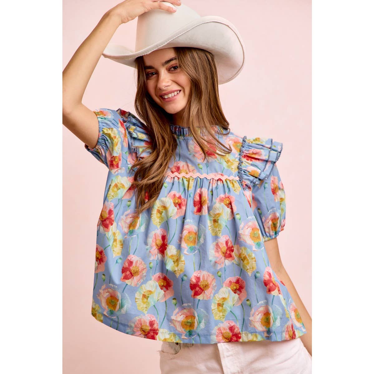 FLOWER PRINT WOVEN RUFFLED DETAIL PUFF SLEEVES TOP: BLUE MULTI / XL