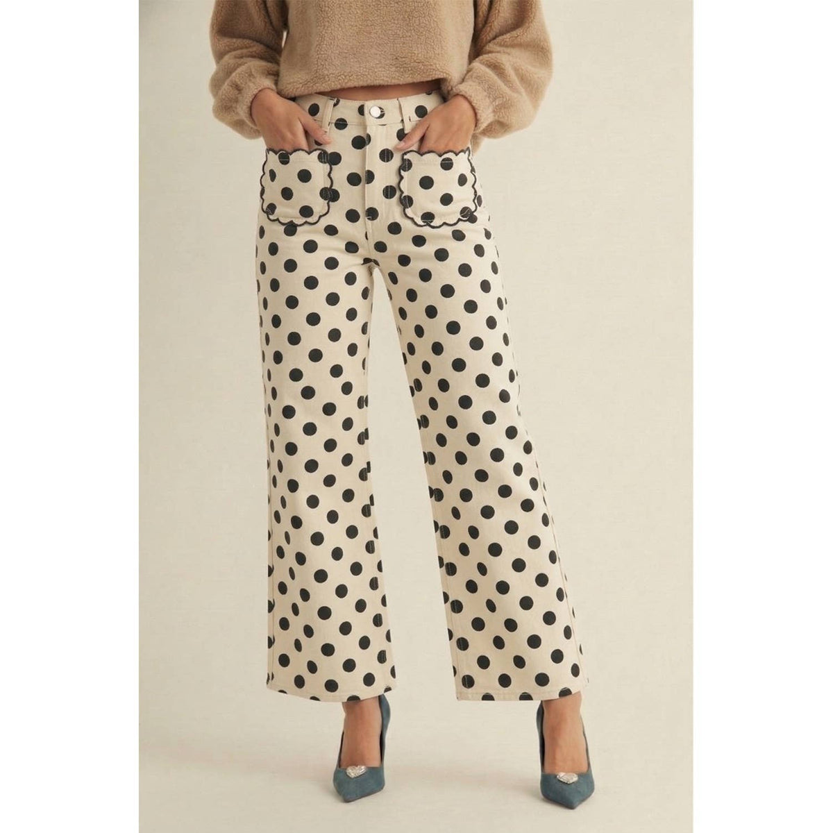 Polka Dots Stretch Mid Rise Scallop Poket Wide Leg Pants: MOCHA/OATMEAL