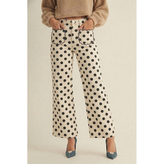 Polka Dot Scallop Pocket Pants: IVORY/BLACK
