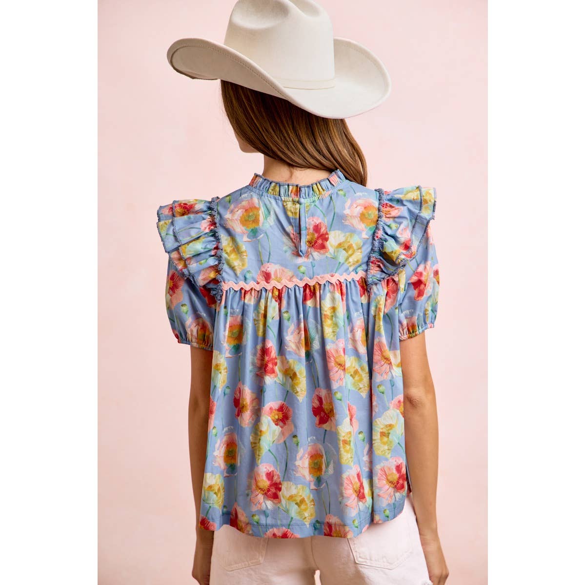 FLOWER PRINT WOVEN RUFFLED DETAIL PUFF SLEEVES TOP: BLUE MULTI / XL