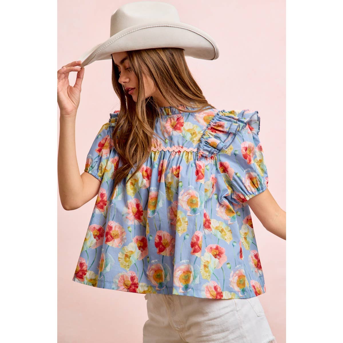 FLOWER PRINT WOVEN RUFFLED DETAIL PUFF SLEEVES TOP: BLUE MULTI / S