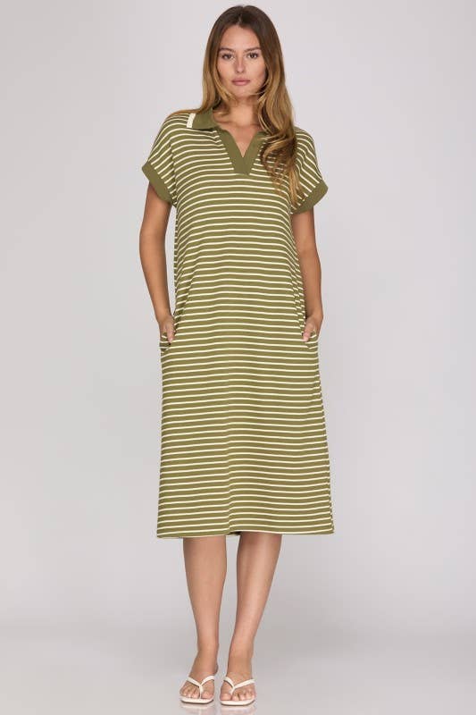 STRIPED COLLARED MIDI DRESS: Olive / S