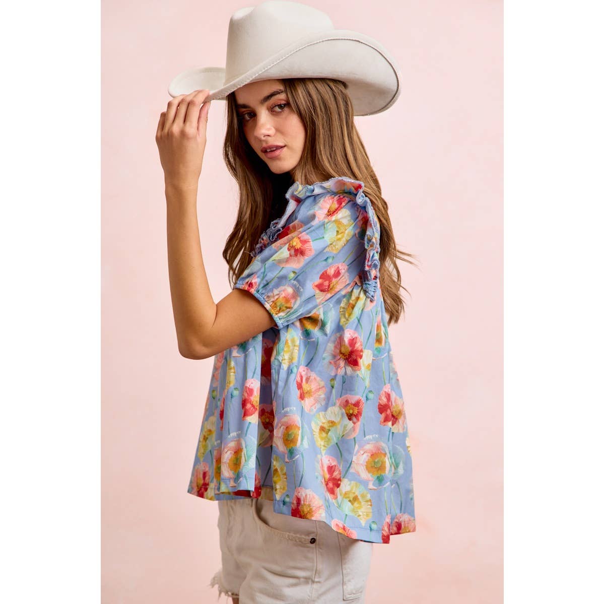 FLOWER PRINT WOVEN RUFFLED DETAIL PUFF SLEEVES TOP: BLUE MULTI / M