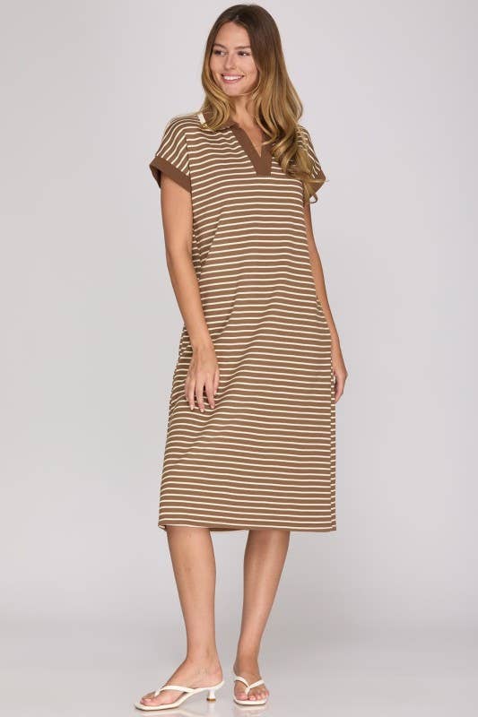STRIPED COLLARED MIDI DRESS: OLIVE  / L
