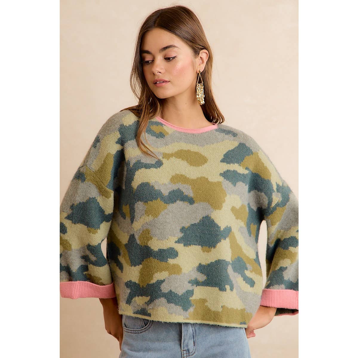 CAMO SWEATER: CAMO/PINK / L