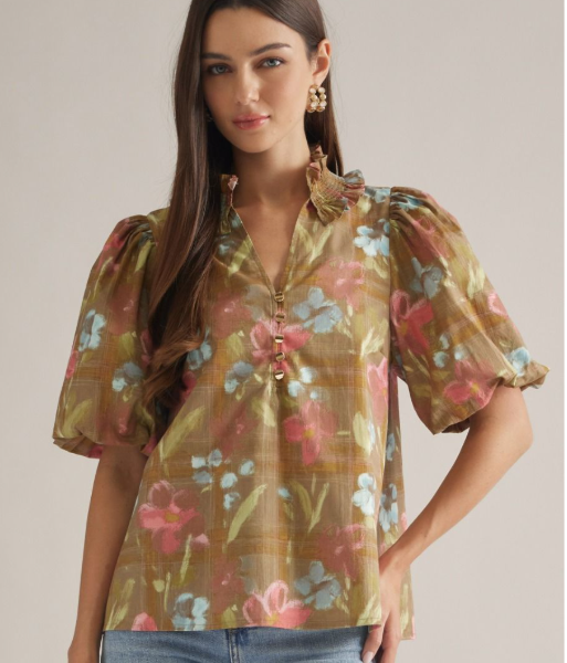 Entro Olive Gold Buttton Floral Top