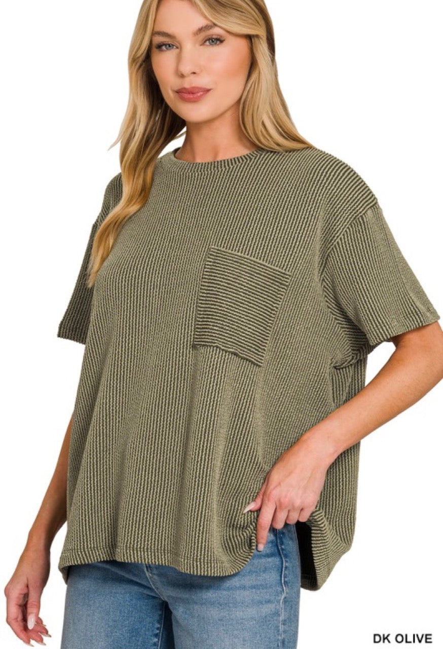 Dark Olive Raised Rib Front Pocket Top