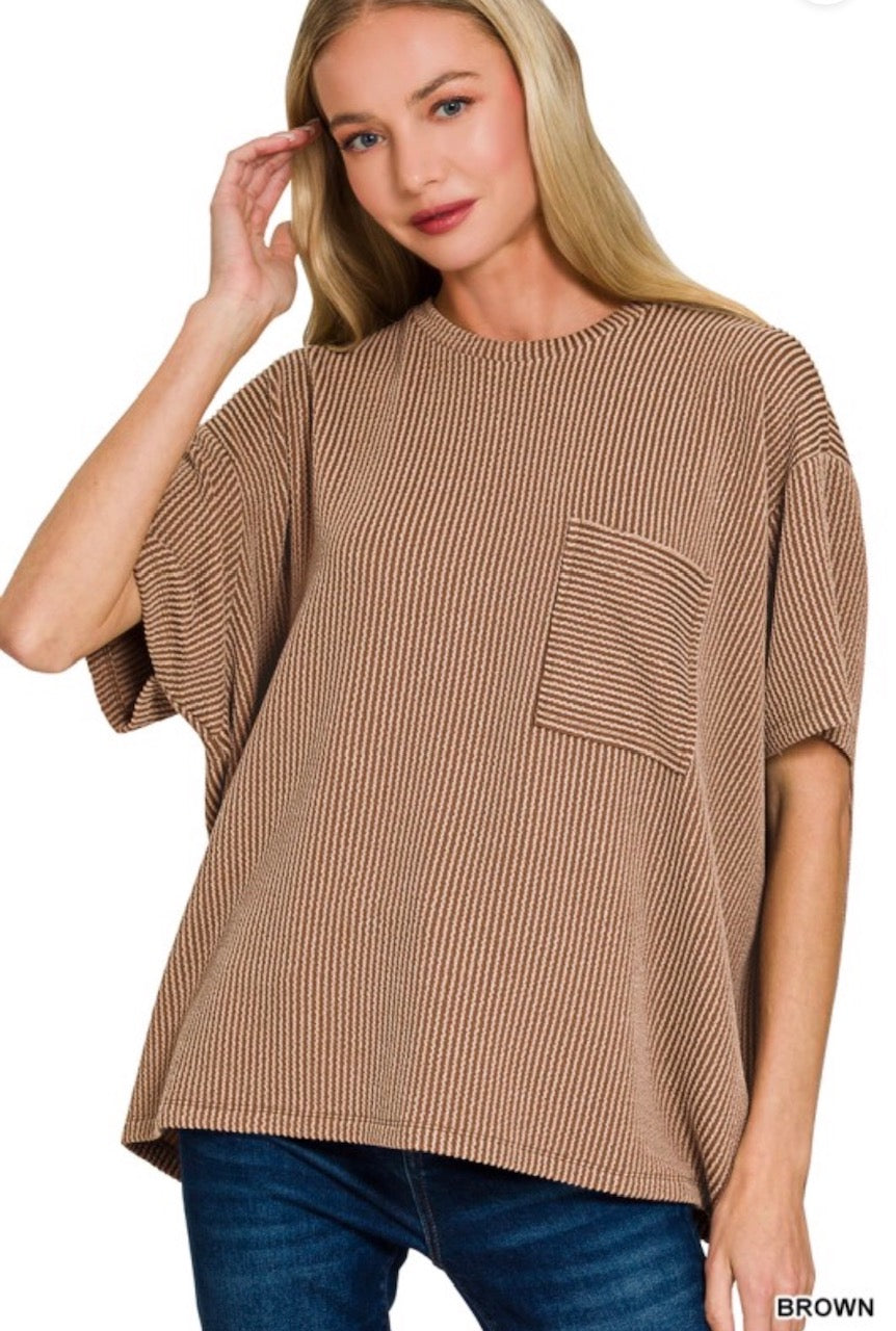 Brown Raised Rib Front Pocket Top