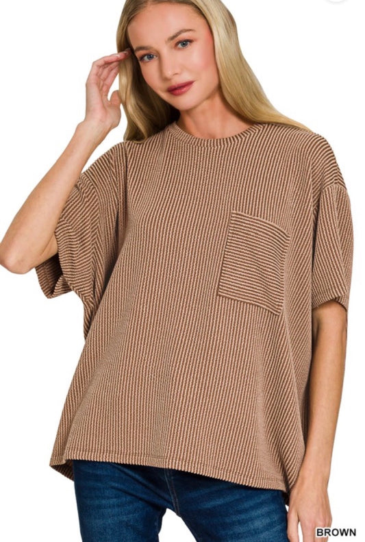 Brown Raised Rib Front Pocket Top