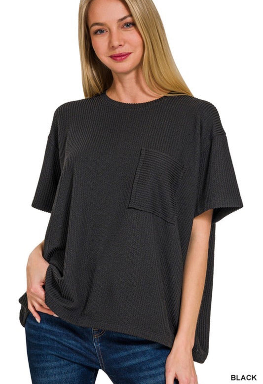 Black Raised Rib Front Pocket Top