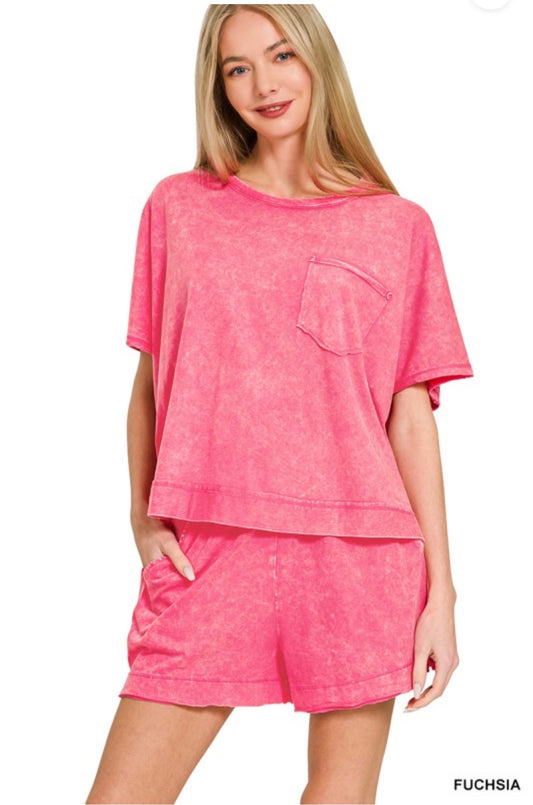 Fuchsia Acid Wash Short Set