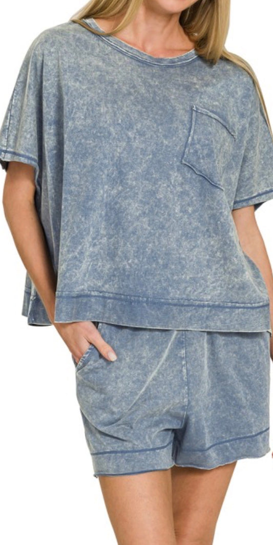 Navy Acid Washed Shorts Set