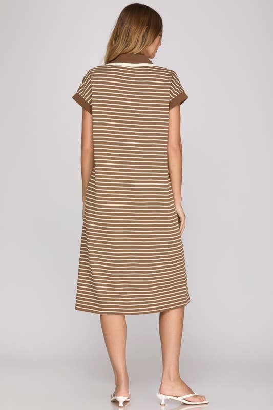 STRIPED COLLARED MIDI DRESS: OLIVE  / M