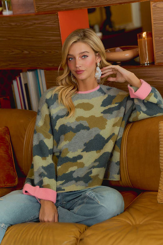 CAMO SWEATER: CAMO/PINK / XL
