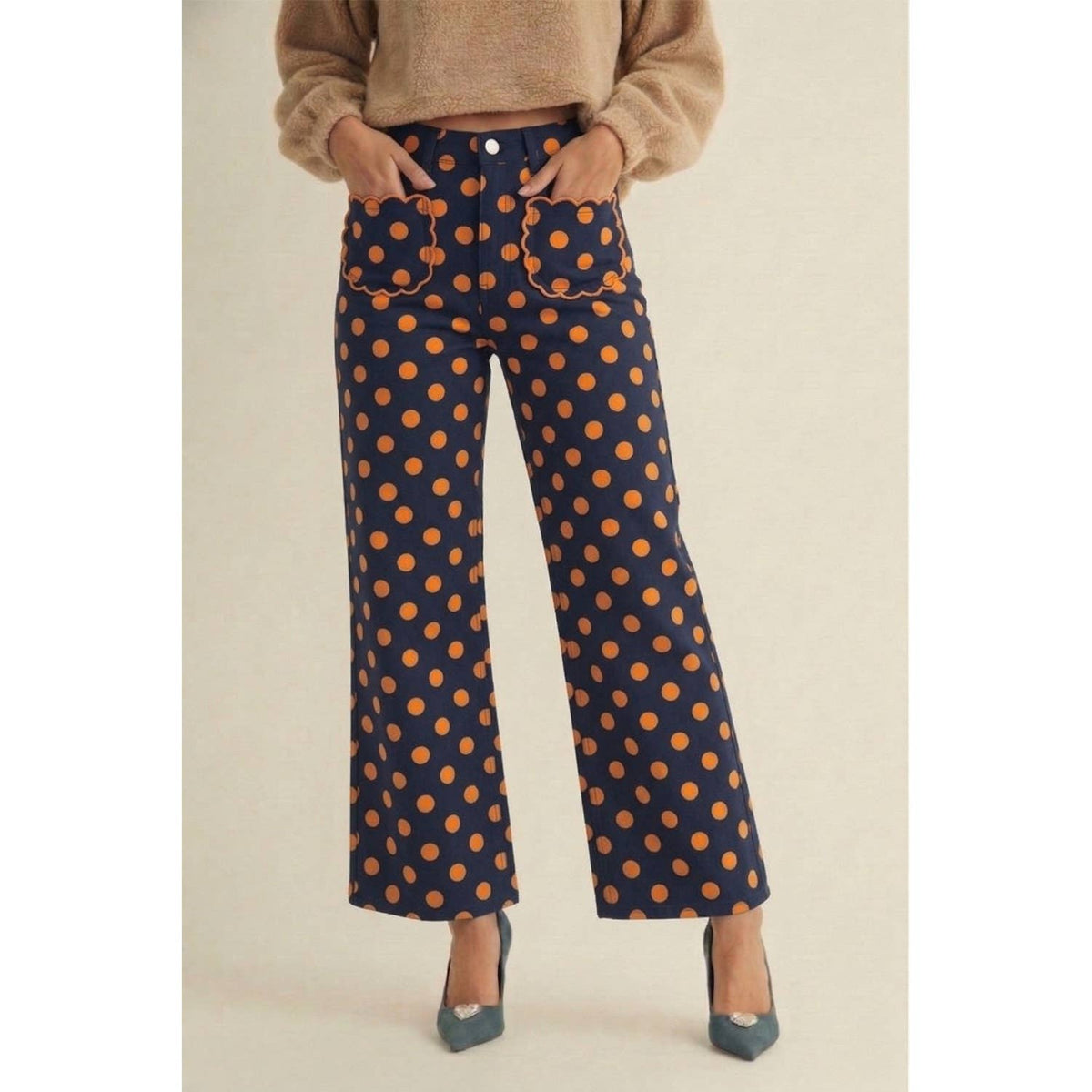 Polka Dots Stretch Mid Rise Scallop Poket Wide Leg Pants: MOCHA/OATMEAL