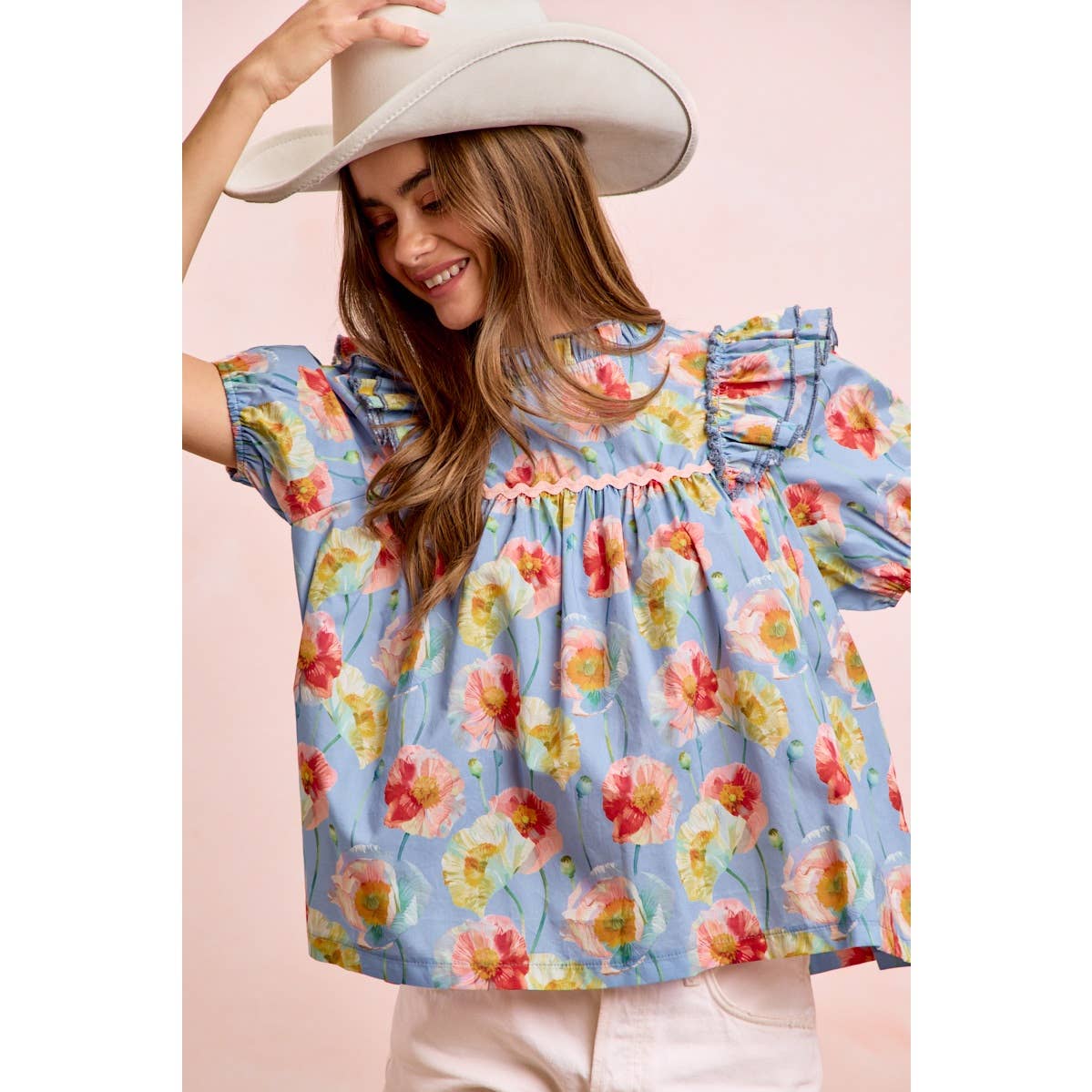 FLOWER PRINT WOVEN RUFFLED DETAIL PUFF SLEEVES TOP: BLUE MULTI / S
