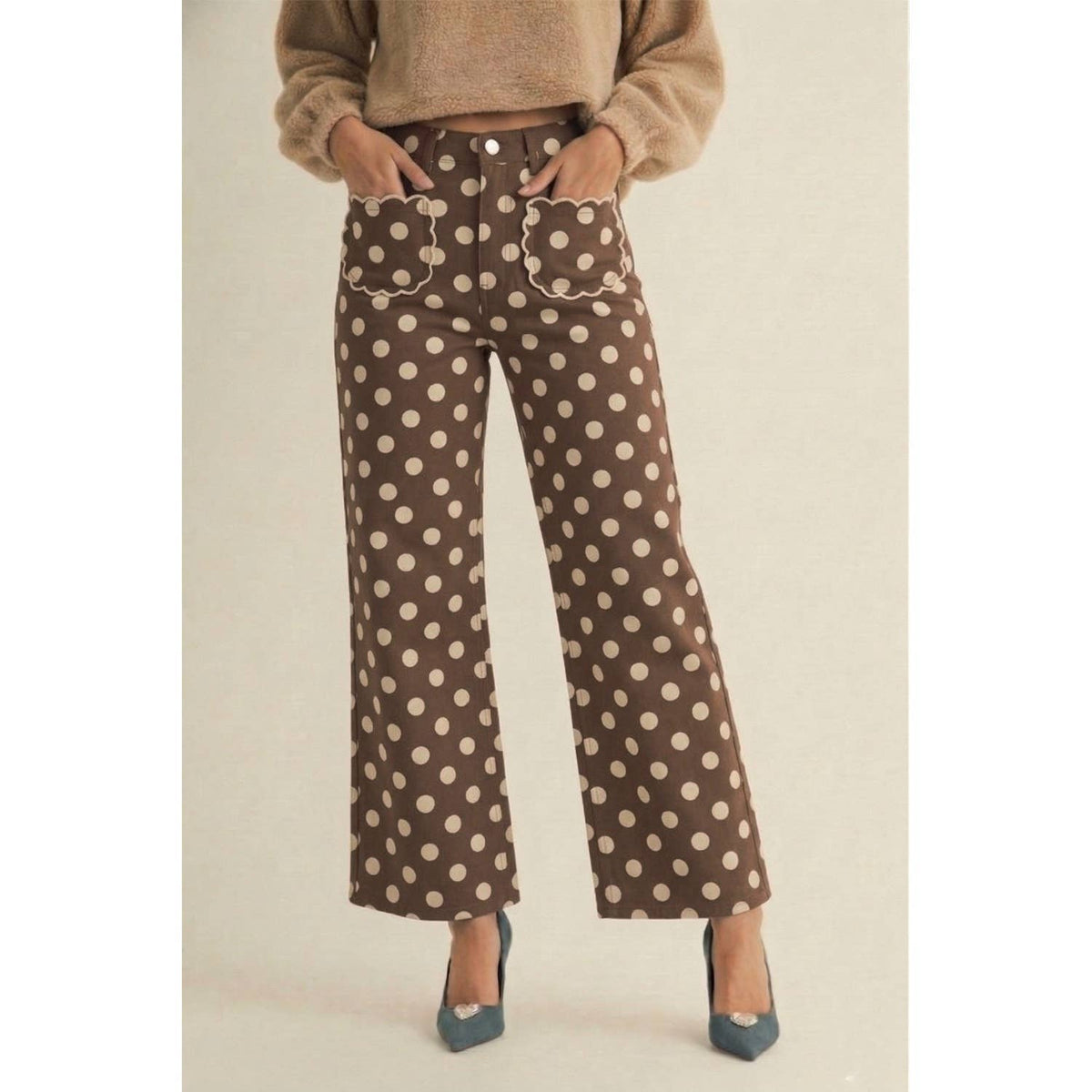 Polka Dots Stretch Mid Rise Scallop Poket Wide Leg Pants: MOCHA/OATMEAL