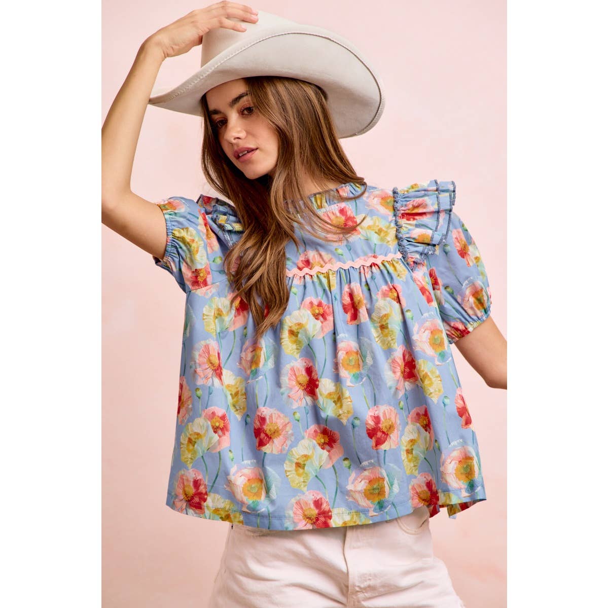 FLOWER PRINT WOVEN RUFFLED DETAIL PUFF SLEEVES TOP: BLUE MULTI / M
