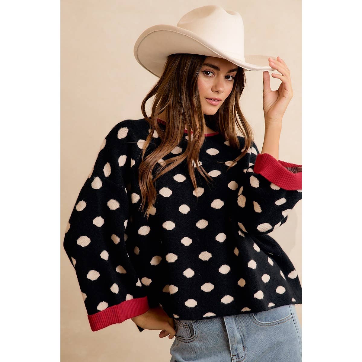 POLKA DOT SWEATER: BLACK/RED / S