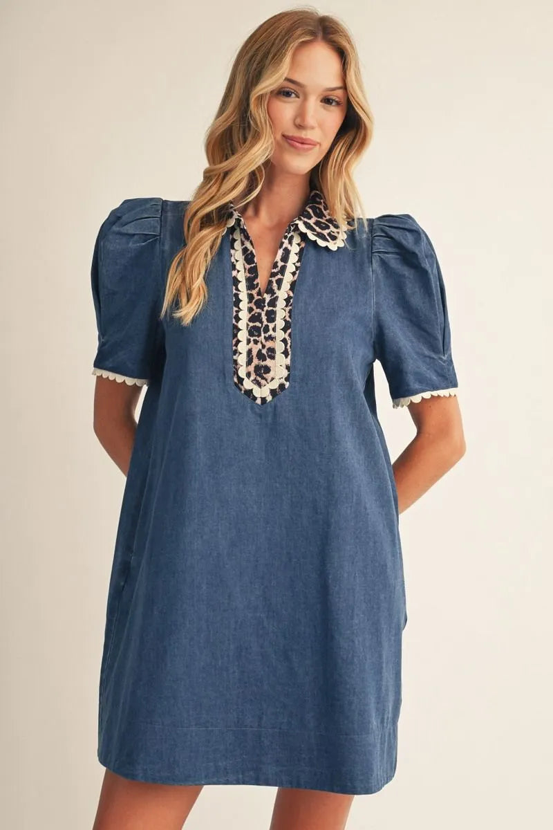 Demin Dress with Leopard Collar