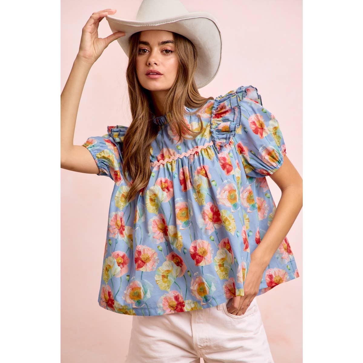 FLOWER PRINT WOVEN RUFFLED DETAIL PUFF SLEEVES TOP: BLUE MULTI / XL