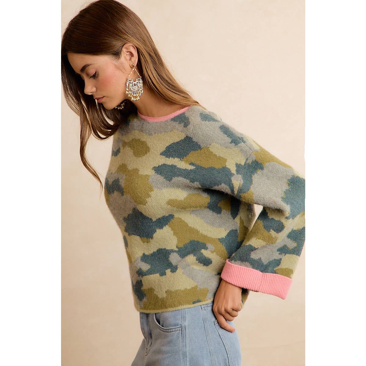 CAMO SWEATER: CAMO/PINK / S