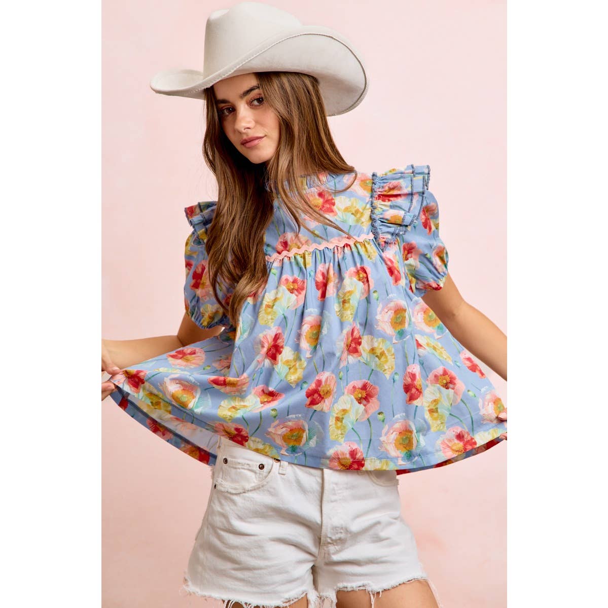 FLOWER PRINT WOVEN RUFFLED DETAIL PUFF SLEEVES TOP: BLUE MULTI / L